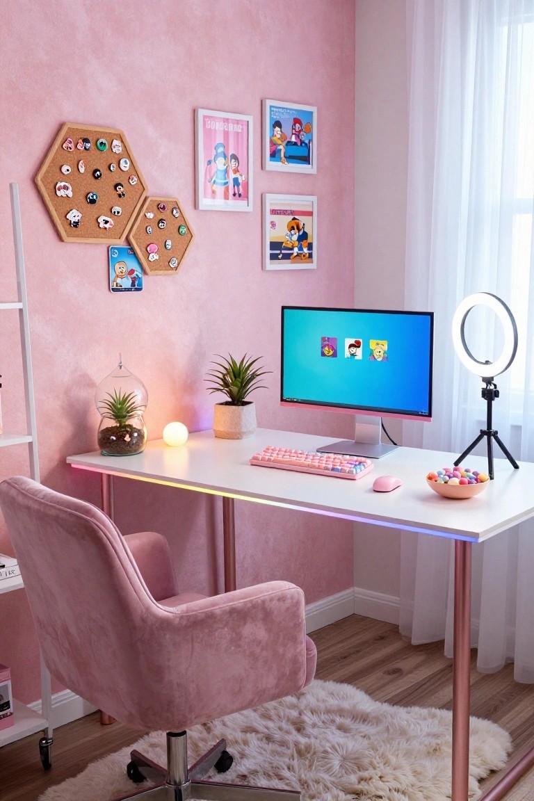 Pink-walled office with white gaming desk, pink chair, RGB lighting, pink keyboard, ring light, plants, corkboards with pins, and framed anime art.