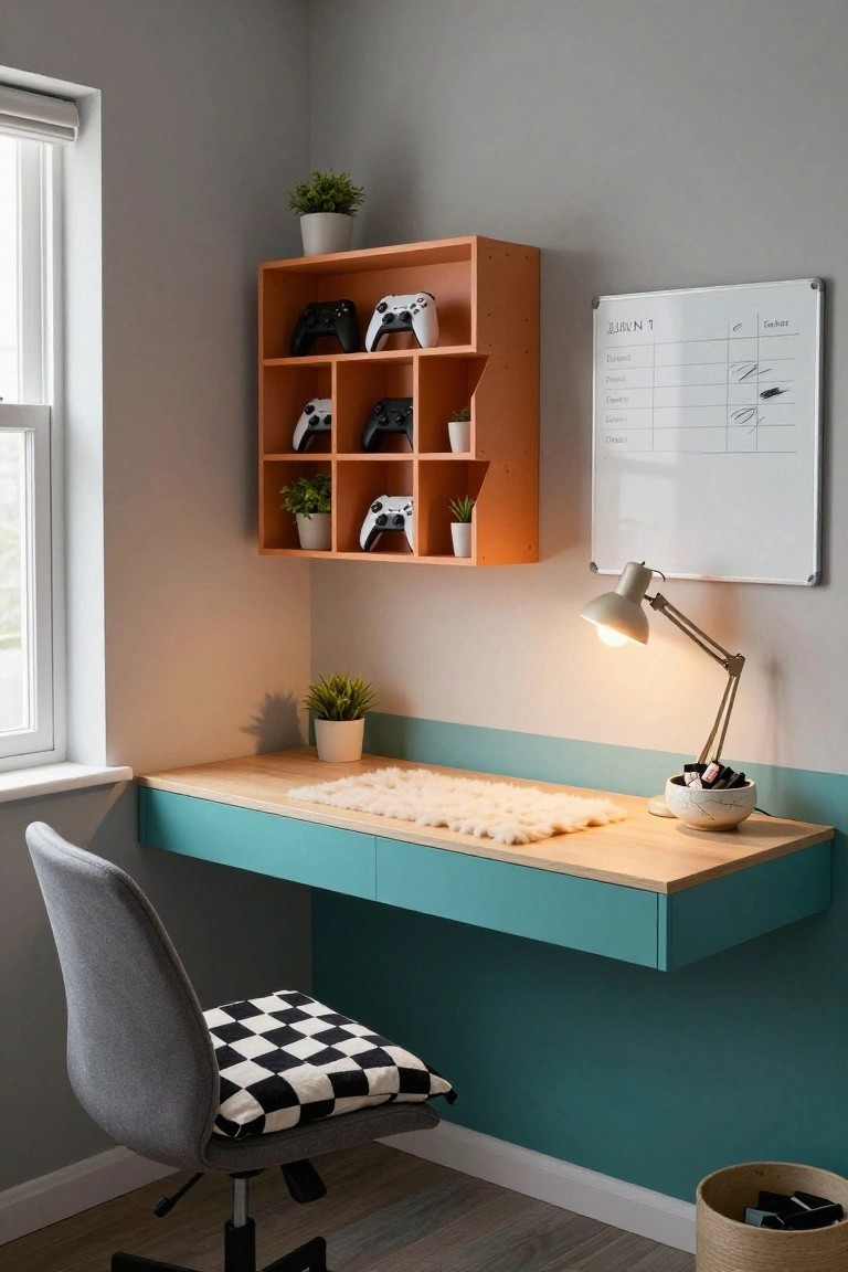 Corner view of a home office with gray walls, an orange cube shelving unit displaying multiple Xbox controllers and plants, a whiteboard with a schedule, a teal floating wooden desk with a white shag rug and ceramic bowl, a desk lamp, and a gray swivel chair with black-and-white checkered cushion.