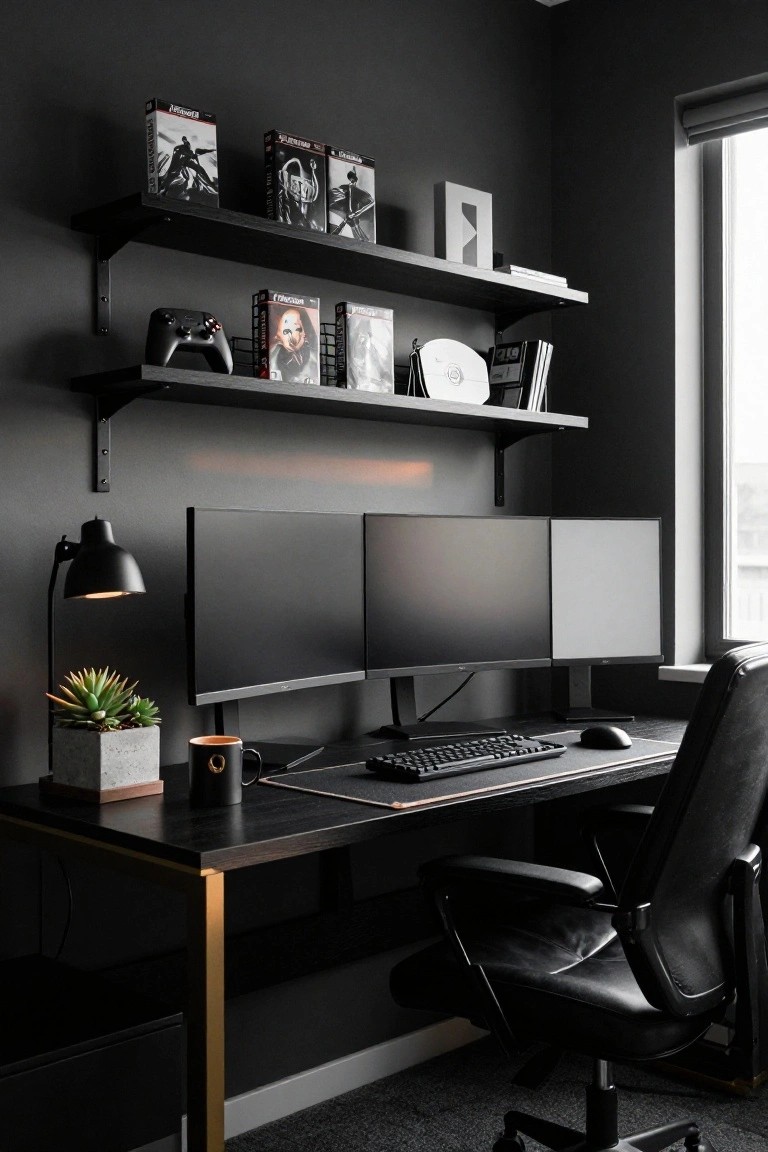 Dark-walled room with black desk holding three black monitors, keyboard, mouse, and mug; black leather chair; floating black shelves displaying video game boxes, posters, and Xbox controller; desk lamp and potted succulent plant.