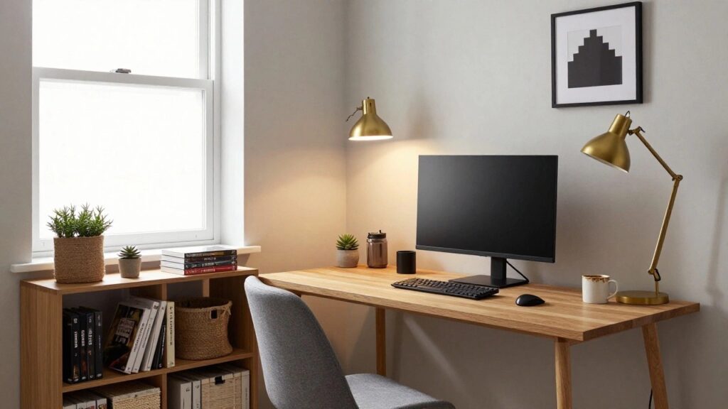 23 Beautiful Cozy Gamer Offices That Boost Your Mood A home office with a light wooden desk holding a large black monitor, keyboard, mouse, and lamp, flanked by plants, bookshelves, and a window with sheer white curtains, plus a gray fabric chair.