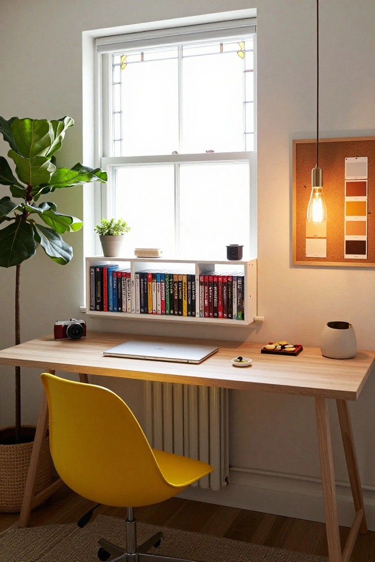 Home office with wooden desk, open MacBook laptop, retro film camera, yellow molded plastic chair, floating white shelves filled with DVDs and books, large potted ficus plant, small potted succulent, corkboard with color samples, pendant bulb light, and window with stained glass accents.