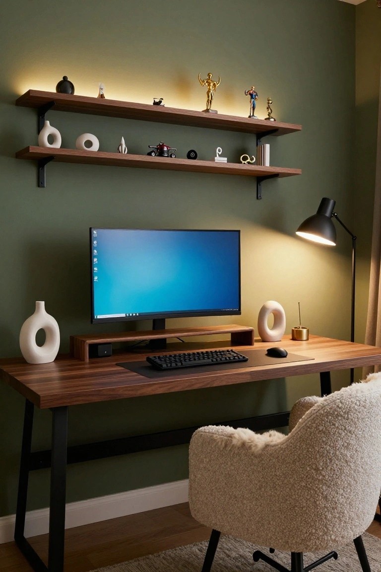 Home office with sage green walls, floating wooden shelves displaying figurines, model cars, trophies, ceramics, and books, wooden desk holding a blue-lit monitor, black keyboard, mouse, white vases, desk lamp, and cream fluffy armchair.