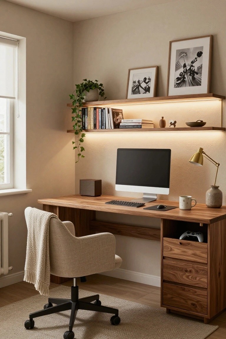 A cozy beige home office corner with a large wooden desk holding a blank iMac screen, keyboard, mouse pad, mug, and Xbox controller in the open drawer, plus shelves above with books, plants, ceramics, black-and-white art photos, a small speaker, gold desk lamp, cream upholstered chair with throw, and window with roller blind.