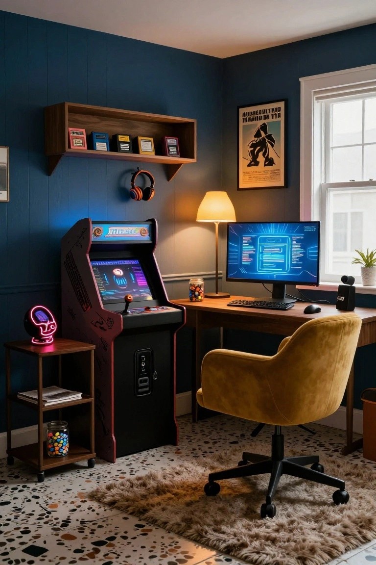 Cozy home office with navy blue paneled walls, wooden desk holding computer monitors and keyboard, mustard yellow velvet chair, full-size retro arcade machine, and gaming shelves.