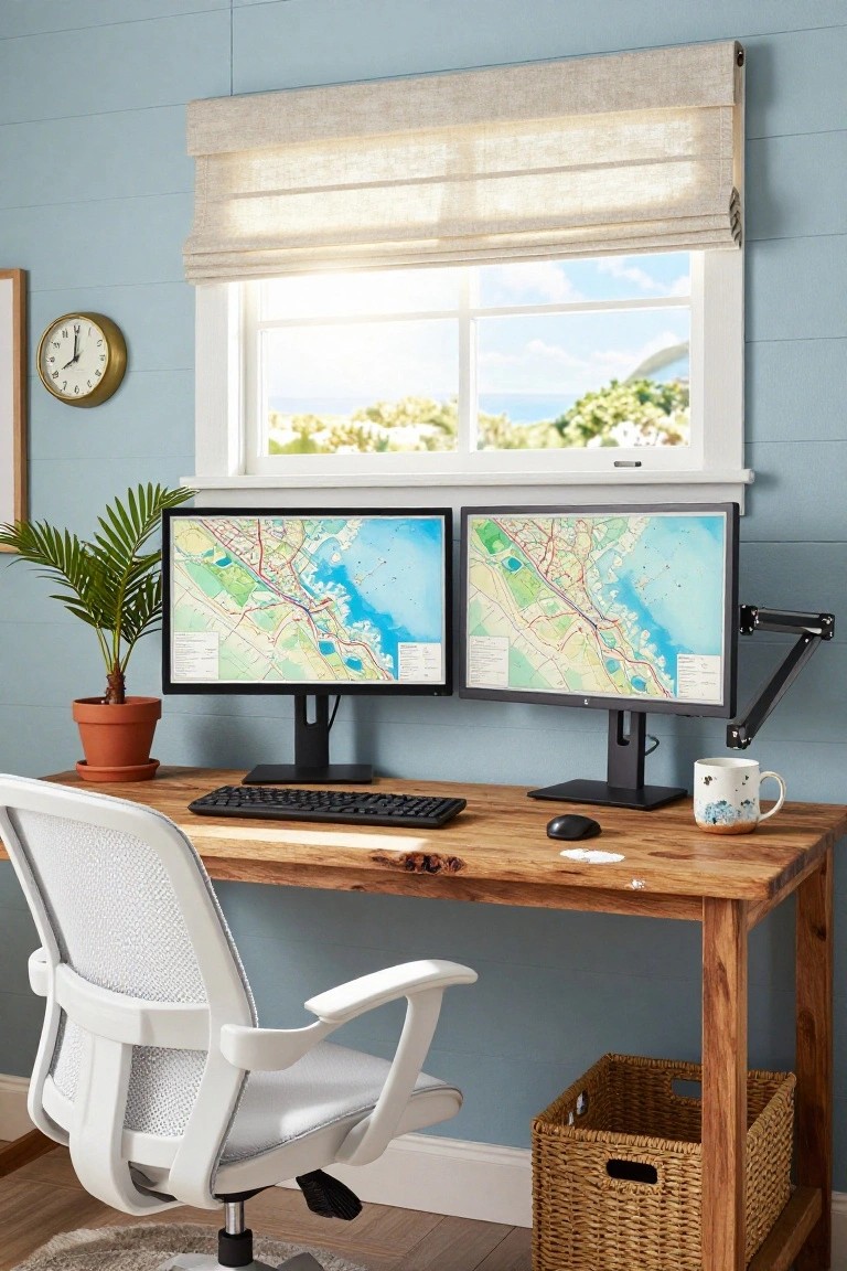 Home office interior with dual large monitors displaying maps on a wooden desk, white mesh office chair, potted palm plant, coffee mug, wall clock, and window overlooking ocean with plants outside.