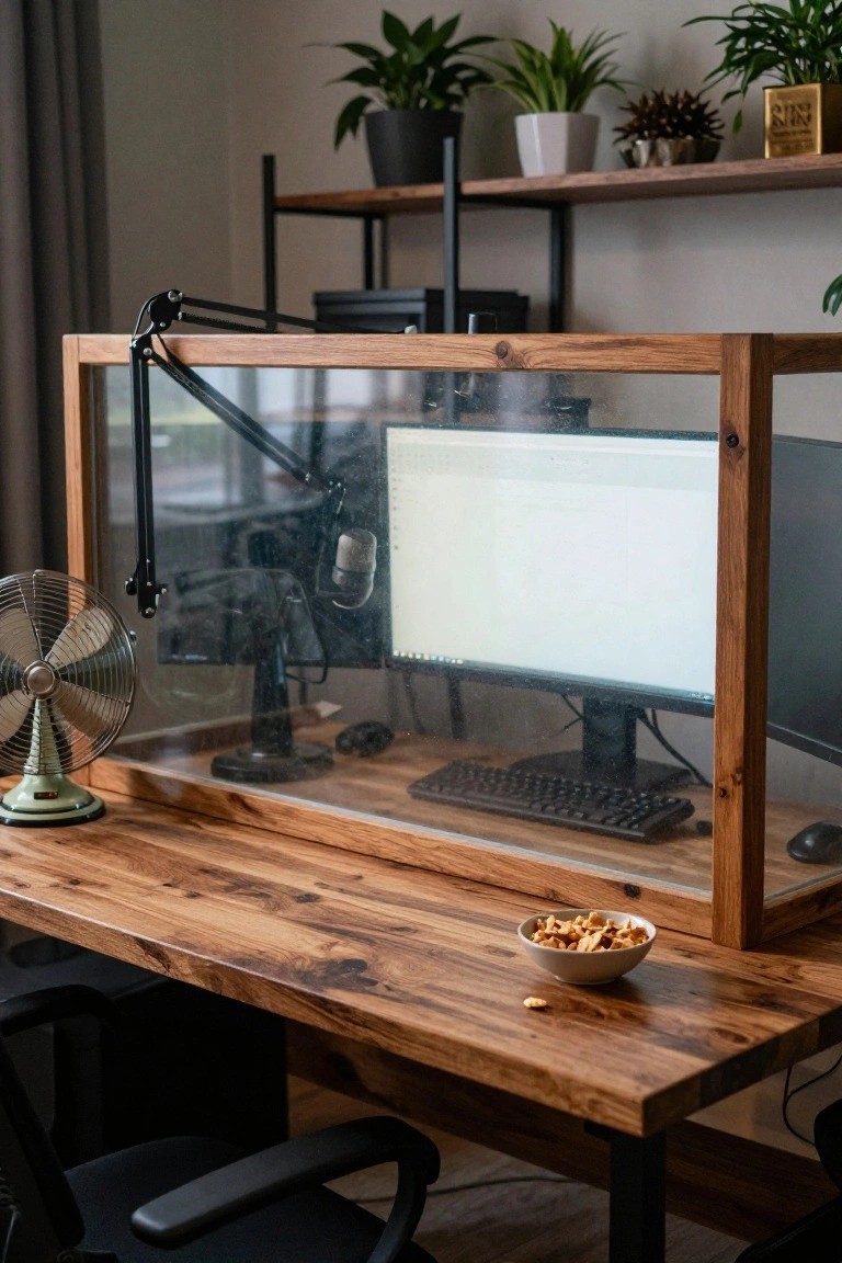 Wooden desk setup enclosed in a framed glass booth containing a computer monitor, microphone on boom arm, keyboard, mouse, and green fan, with a bowl of snacks on the table outside, plants and shelves in a cozy room.