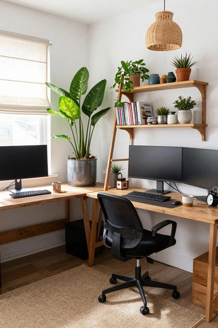 Corner home office with L-shaped wooden desk holding dual monitors and keyboards, black mesh office chair, large potted plant by window, wooden shelves with books and smaller plants, rattan pendant light overhead.