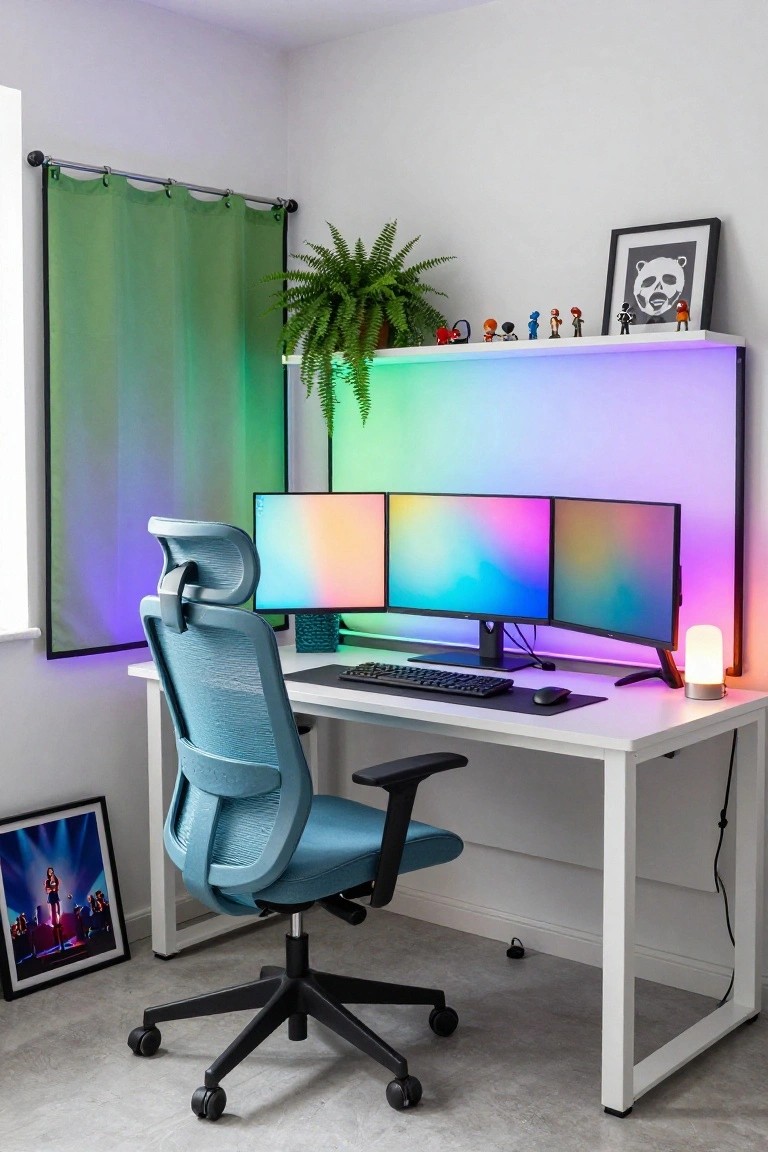 A corner home office with a white desk holding three side-by-side monitors showing colorful gradients, mechanical keyboard, mouse, RGB LED shelf lighting behind the monitors, teal ergonomic mesh chair, green window curtain, potted fern, toy figures on shelf, and framed artwork.