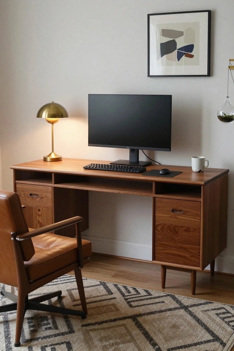 Wooden mid-century modern desk with black monitor, keyboard, mouse pad, gold desk lamp, white mug, leather chair, abstract wall art, hanging plant, and rug in a light home office.