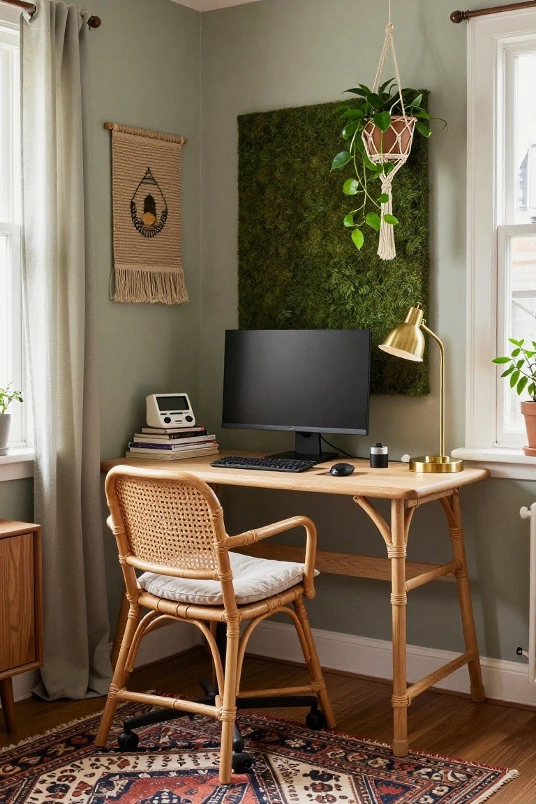 Home office corner with rattan armchair at wooden desk holding black monitor, keyboard, mouse, gold lamp, preserved green moss wall panel, hanging plant in macrame, woven wall hanging, books, potted plants, sage walls, and window.
