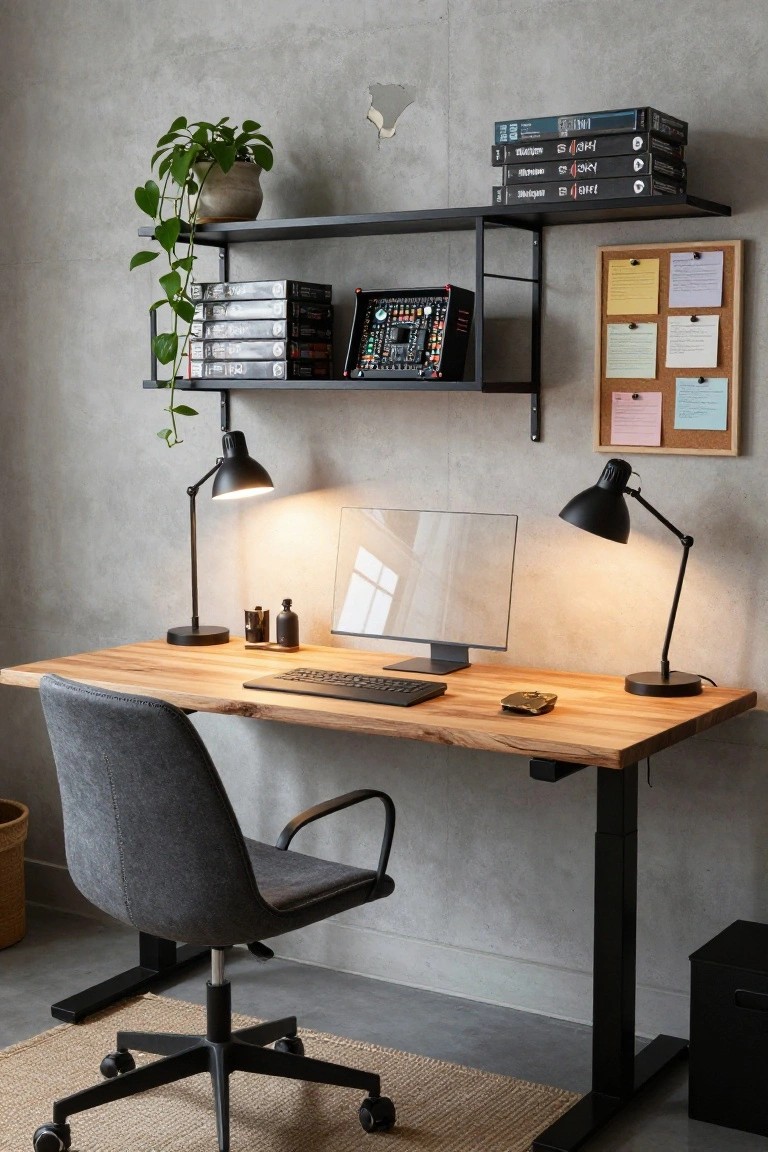 Home office setup with height-adjustable desk featuring light wood top and black frame, gaming monitor, keyboard, black metal shelves holding vinyl records and synthesizer, potted plants, desk lamps, and corkboard on gray concrete wall.