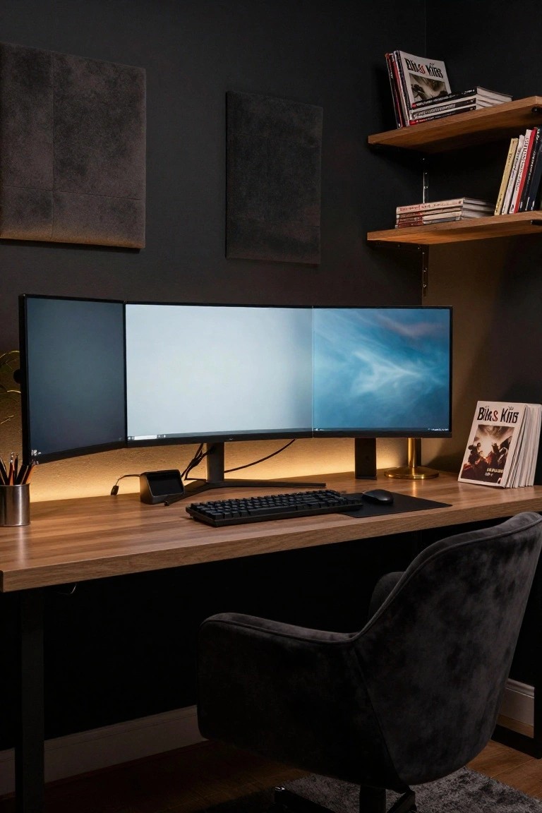 Dark home office featuring a wooden desk with triple curved monitors, black mechanical keyboard, mouse, black gaming chair, shelves with books and magazines, acoustic wall panels, and under-desk lighting.