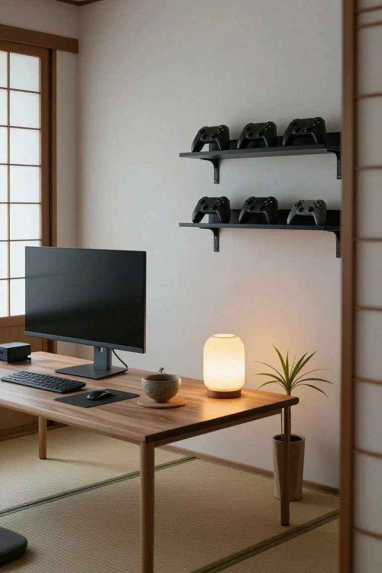 Japanese-style interior room with tatami flooring and shoji screen window, featuring a wooden low desk with black monitor, keyboard, mouse, lamp, and plant, and black wall shelves displaying multiple Nintendo Switch controllers.