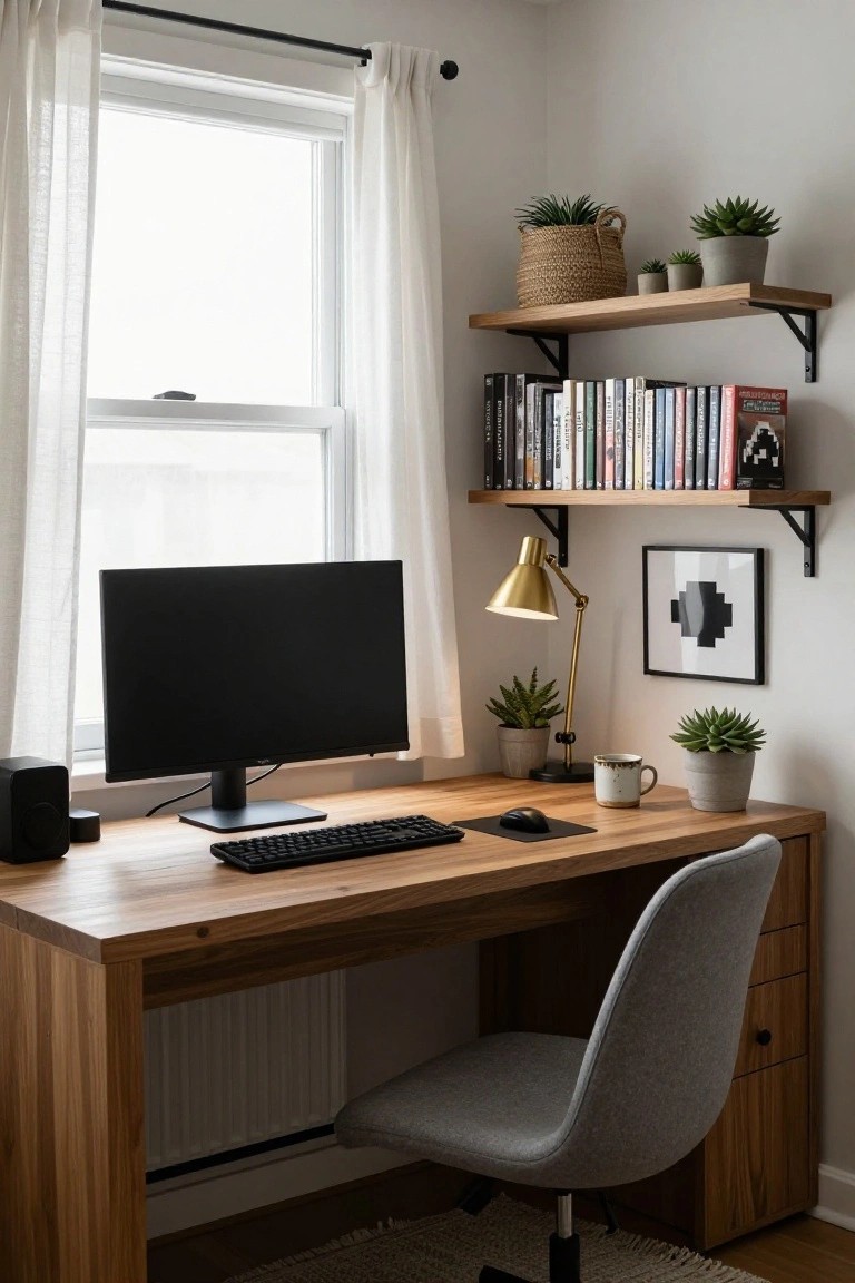 A home office with a light wooden desk holding a large black monitor, keyboard, mouse, and lamp, flanked by plants, bookshelves, and a window with sheer white curtains, plus a gray fabric chair.