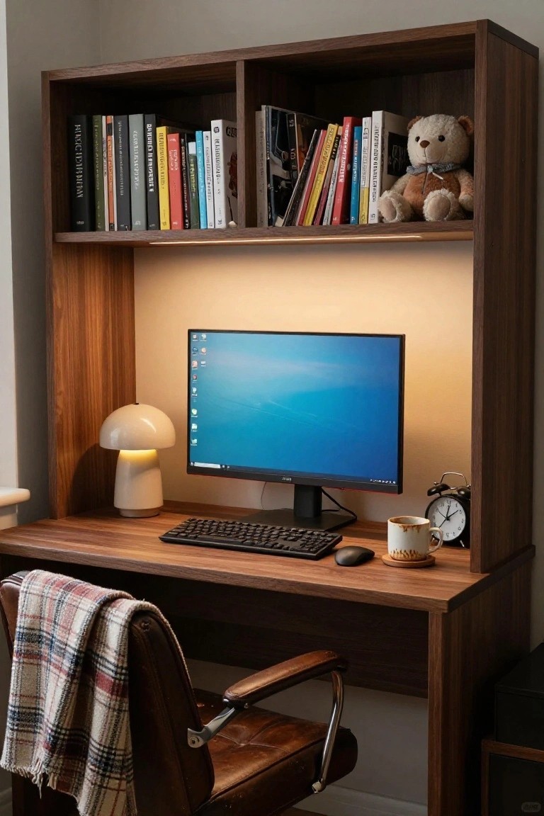 Wooden desk with integrated hutch shelving holding assorted books and a teddy bear, blue desktop background on monitor, white mushroom-shaped lamp, alarm clock, stained mug on coaster, black keyboard, mouse, and tan leather chair with plaid blanket draped over the back.