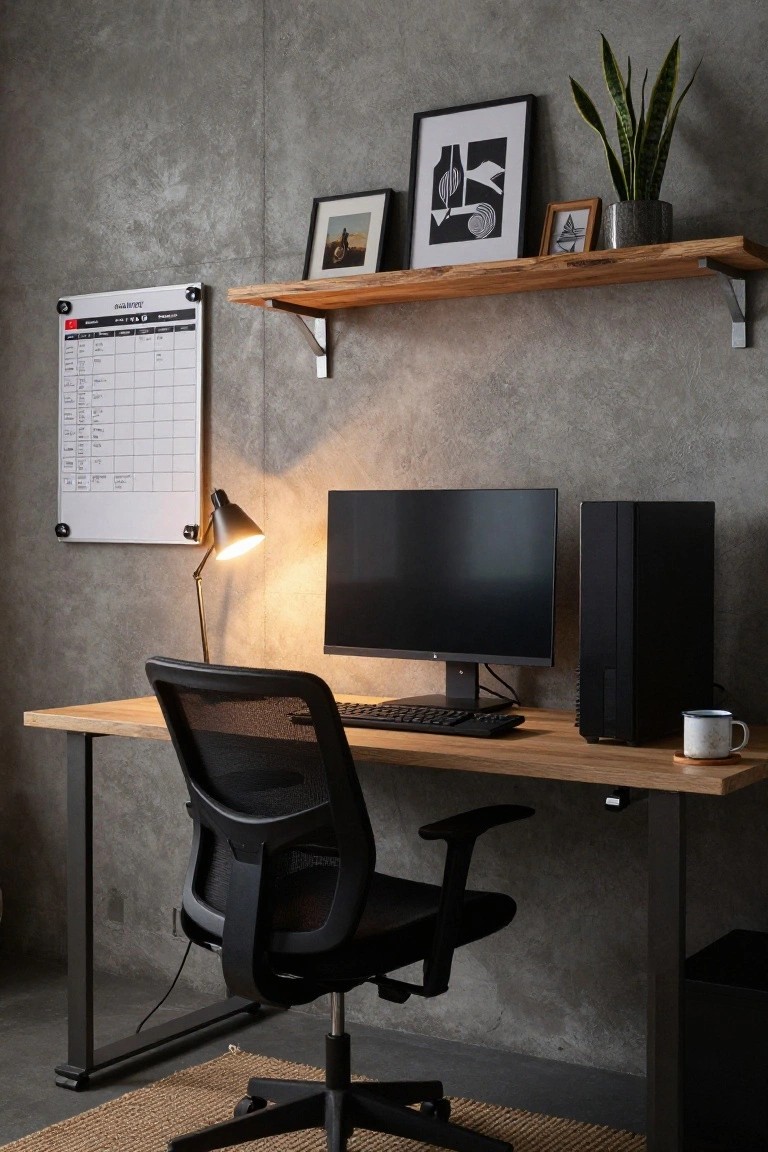 A home office setup featuring a wooden desk with a mesh office chair, black monitor and PC tower, adjustable desk lamp, wood floating shelves with frames and plants on textured concrete walls, and a whiteboard calendar nearby.