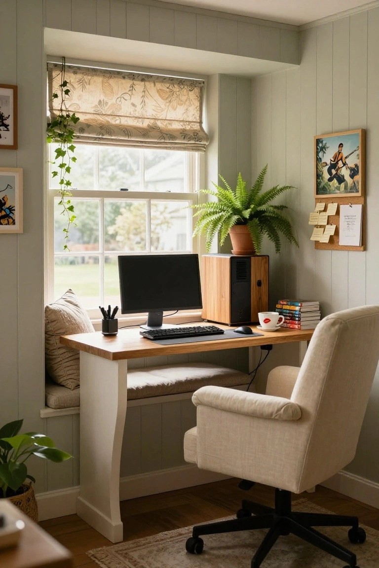 A home office with a wooden desk integrated into a cushioned window seat under a large window, featuring a black computer monitor, wooden PC case, plants, beige armchair, and pale green paneled walls.