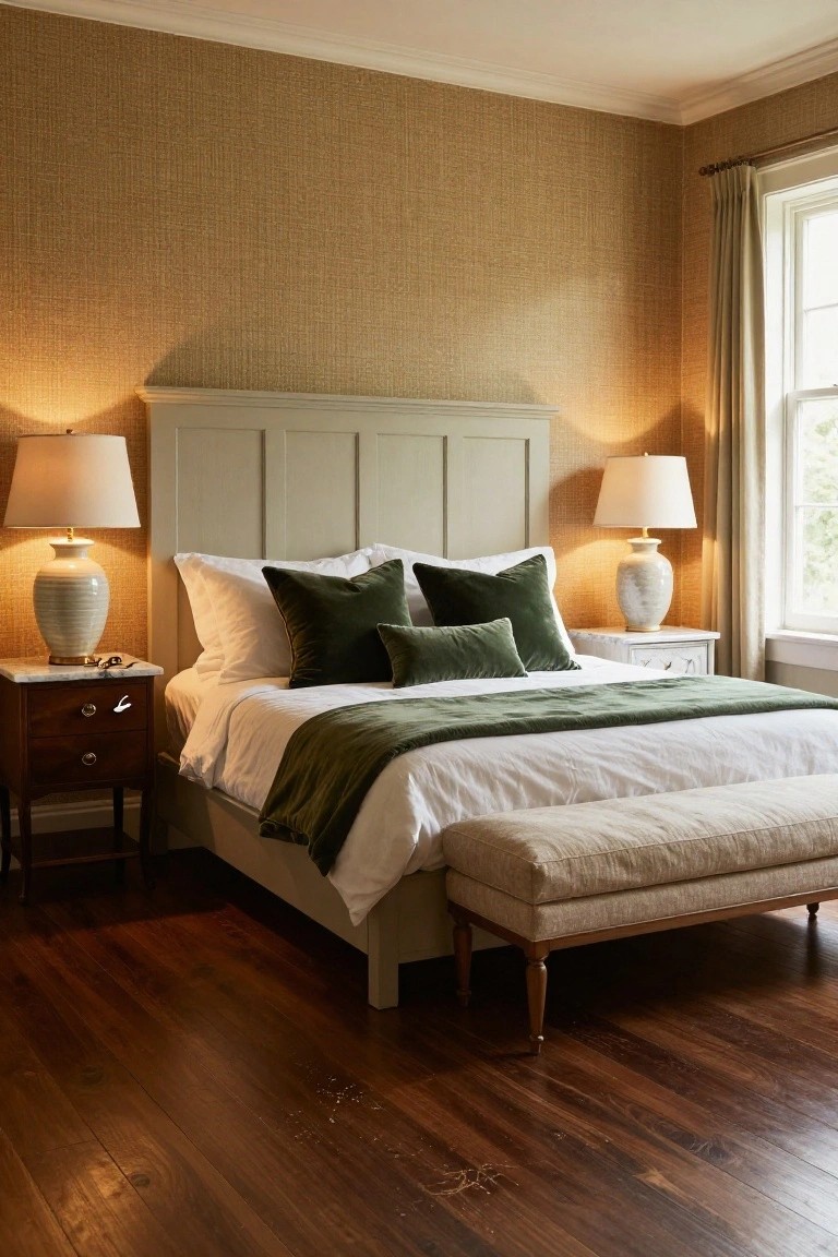 Bedroom interior with a white upholstered bed featuring green velvet pillows and throw, pale green paneled headboard, matching ceramic lamps on wooden and marble nightstands, cream bench at bed foot, textured beige walls, hardwood floors, and window with cream drapes.