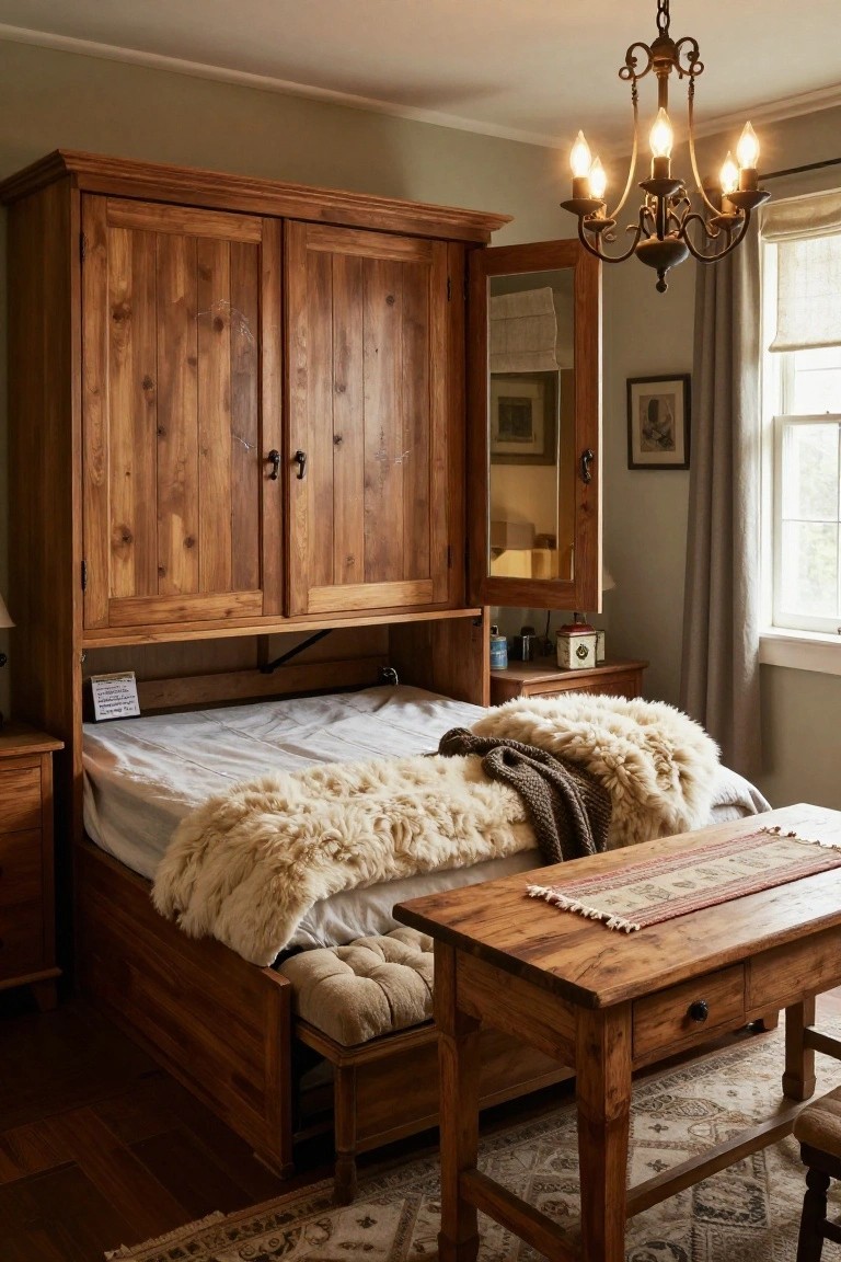 Wooden armoire with fold-down Murphy bed in a cozy bedroom, white sheets and fur throw on the mattress, wooden bench and side table nearby.