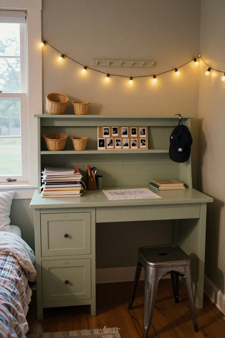 Sage green wooden desk with hutch in a bedroom corner, shelves holding wicker baskets, stacked books, photo display, and pens, metal stool nearby, bed and string lights visible.
