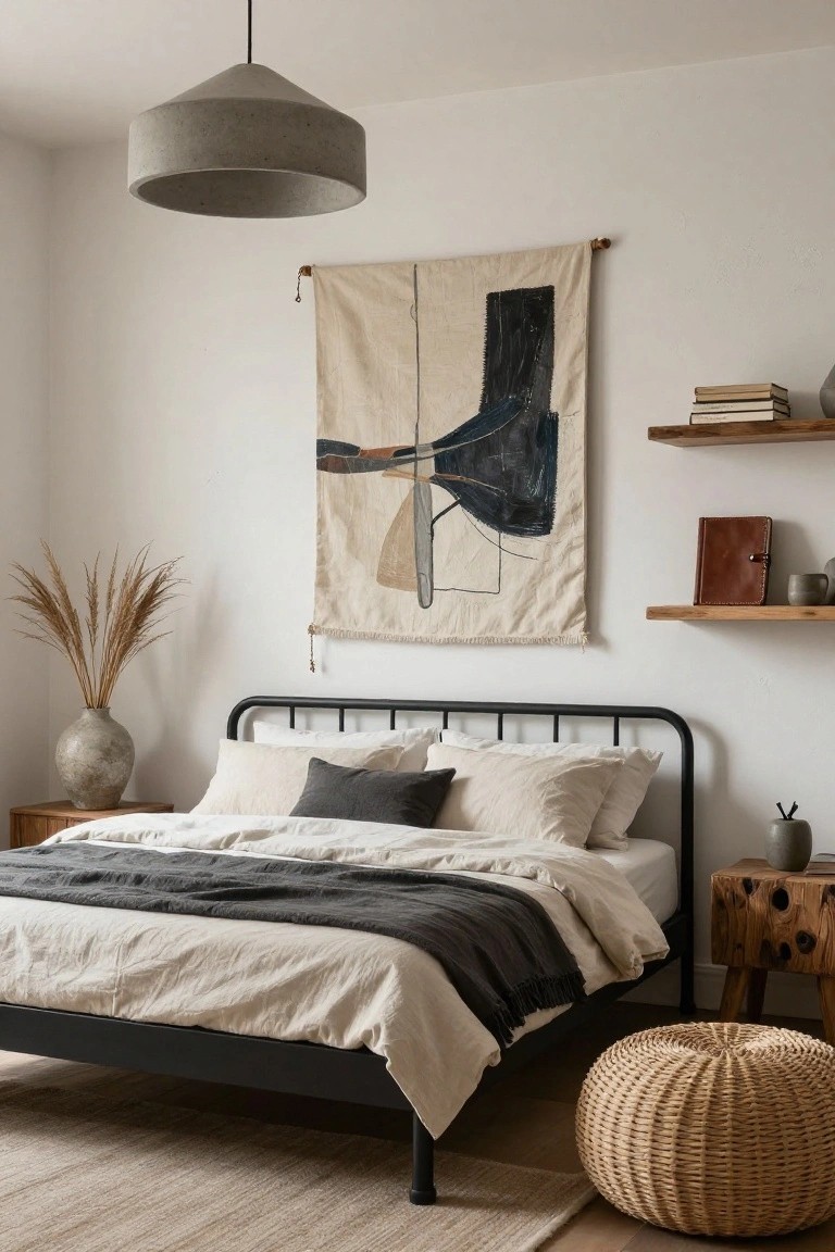 A bedroom with a black metal bed frame holding white and gray linen bedding, flanked by wooden side tables, pampas grass in a ceramic vase, floating wooden shelves with books, an abstract beige tapestry on the wall, a woven pouf, and a beige rug on light wood floors under a concrete pendant light.