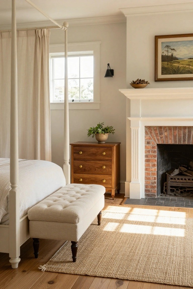 A bedroom interior with a tall white four-poster bed draped in white linens, a wooden dresser, a cream tufted bench, brick fireplace, seagrass rug, and natural light from a window.