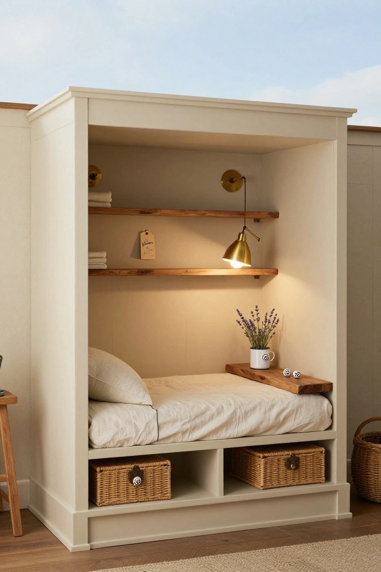 Beige wooden built-in alcove with a single bed draped in white linens, wooden shelves holding folded towels and a tag, gold wall lamp lit up, lavender plant in a white pot on a wooden shelf, and woven baskets in the base cubbies.