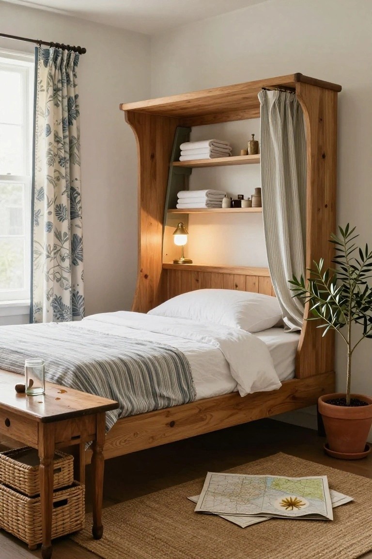 Wooden built-in bed frame with overhead shelves holding towels and jars, draped linen curtains on the sides, white bedding, bedside table with glass and lamp, potted olive tree, and folded map on seagrass rug in a light bedroom.
