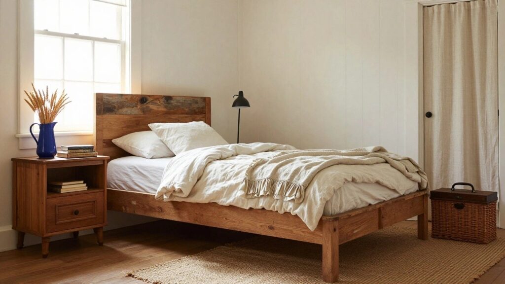 A cozy bedroom with a large wooden bed frame, white linen bedding, wooden nightstand holding a blue vase of wheat stalks, desk lamp, books in a basket, sheer curtains on a window, and a seagrass rug.