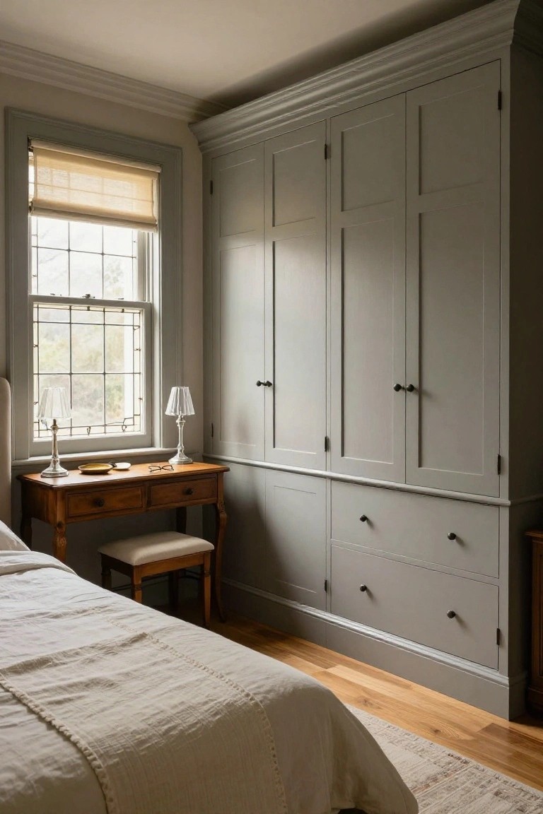 Corner of a light-filled bedroom with tall grey built-in wardrobes, wooden desk and stool, bed with white linens, and window with beige roller shade.