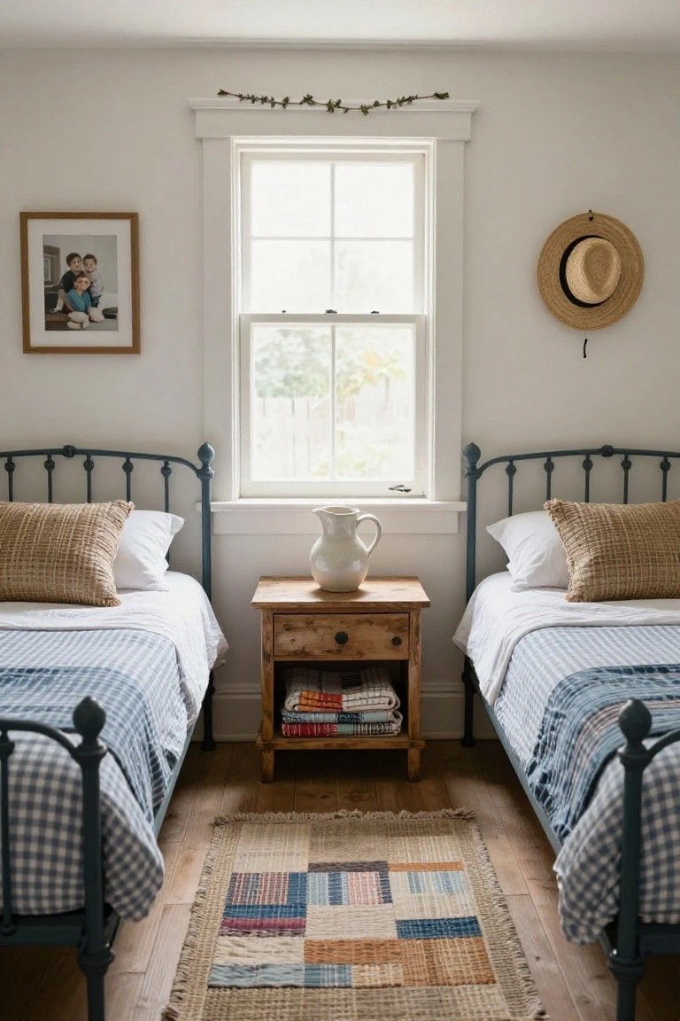 A cozy bedroom featuring two matching blue iron twin beds with gingham blue quilts and white pillows, separated by a wooden nightstand holding folded linens, next to a large white-framed window.