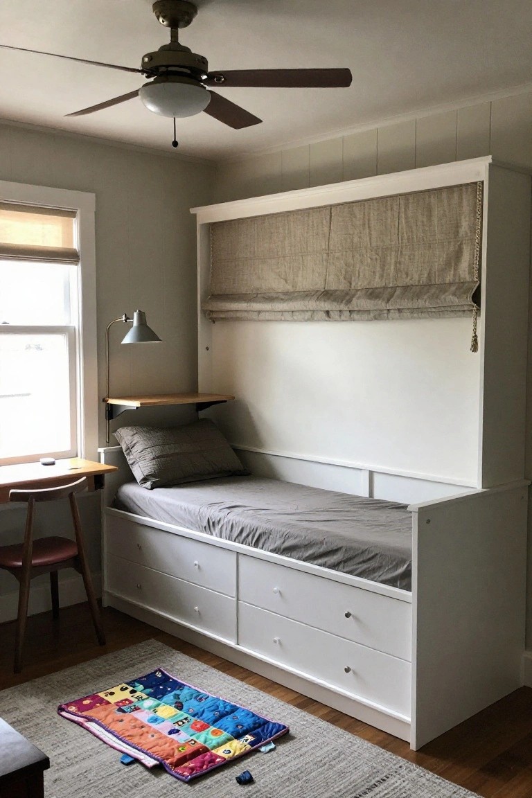 A small bedroom with a white wooden platform bed having gray sheets and pillows, two underbed drawers, a wall-mounted wooden desk shelf, a red wood chair, adjustable lamp, beige roman shade curtains, and a colorful play rug on wood floor.