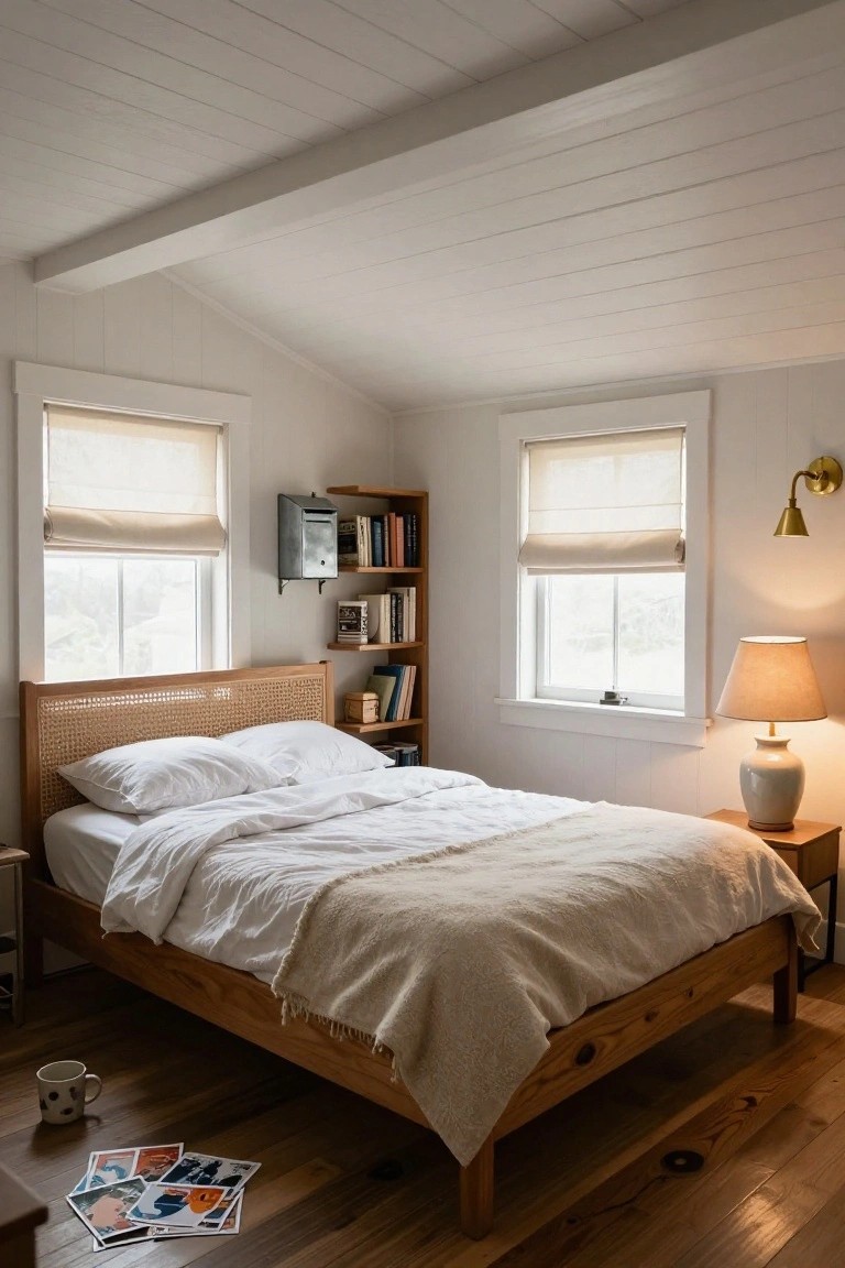A cozy bedroom with a low wooden bed frame featuring a rattan headboard, white sheets and duvet, tan throw blanket, wall-mounted bookshelves, two windows with roman shades, table lamps, and scattered papers and mug on hardwood floor.