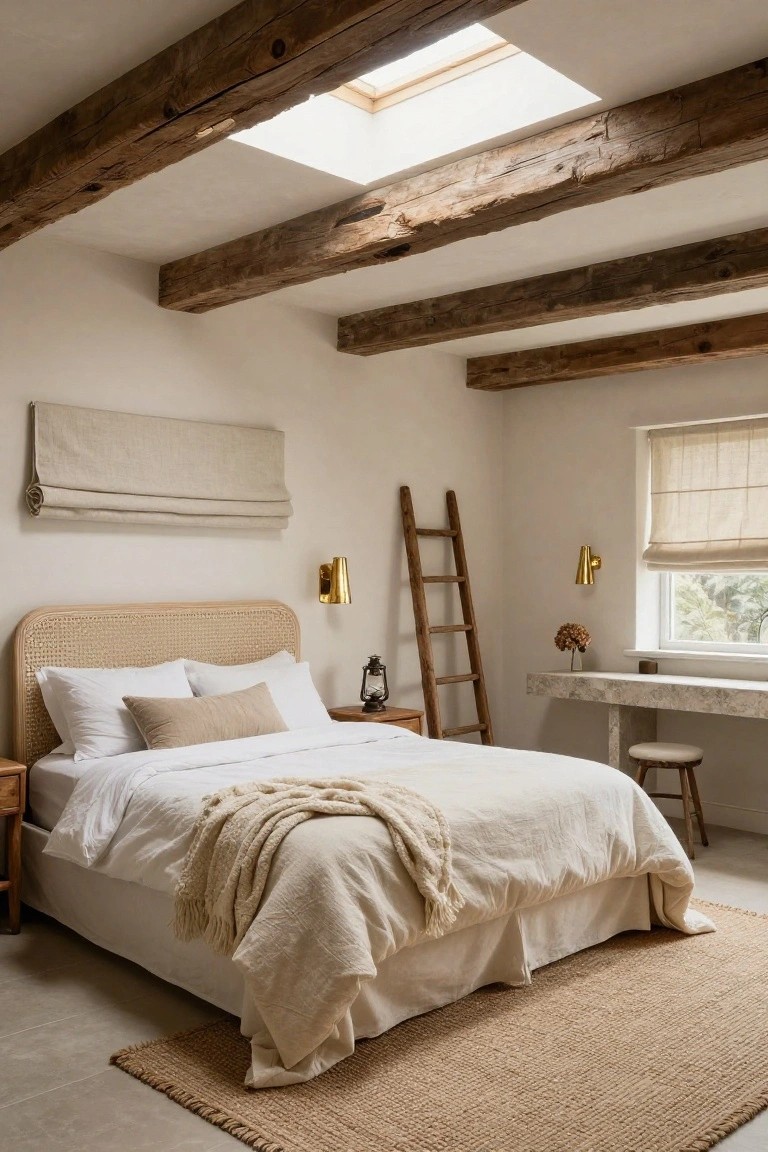 Bedroom interior with rattan headboard bed dressed in white sheets and cream throw, exposed wooden ceiling beams, leaning wooden ladder, linen window shades, and seagrass rug on concrete floor.