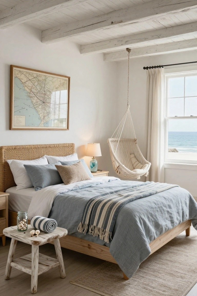 A farmhouse-style bedroom with a rattan headboard on a wooden bed frame, blue linen bedding and pillows, a hanging white rope swing chair by a window with ocean view, wooden nightstand with lamp and stool holding seashells and a towel.