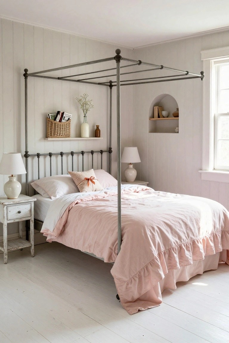 Gray metal canopy bed with pink ruffled linens in a white paneled bedroom, with white nightstands, lamps, and a window.
