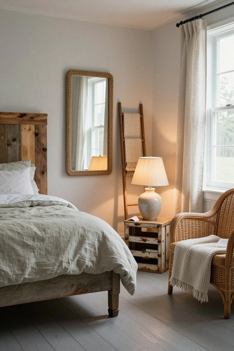 Corner of a bedroom with light gray walls and painted wood floor, showing a bed with reclaimed wood headboard and white linens, wooden nightstand holding a ceramic lamp, rattan chair with throw blanket, ladder shelf, and rattan mirror near a window with sheer curtains.