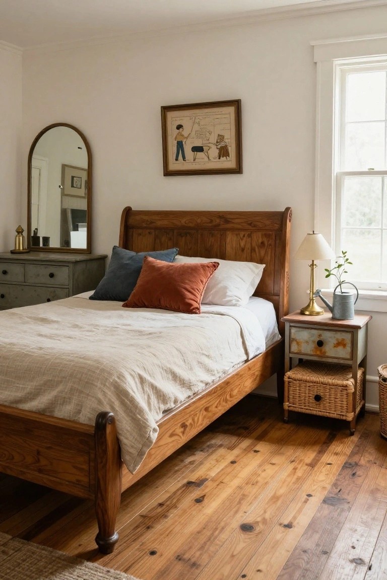 A farmhouse-style bedroom with a wooden bed frame, white linens, blue and rust pillows, arched mirror, gray dresser, brass lamp on painted nightstand, and wicker baskets on hardwood floors.