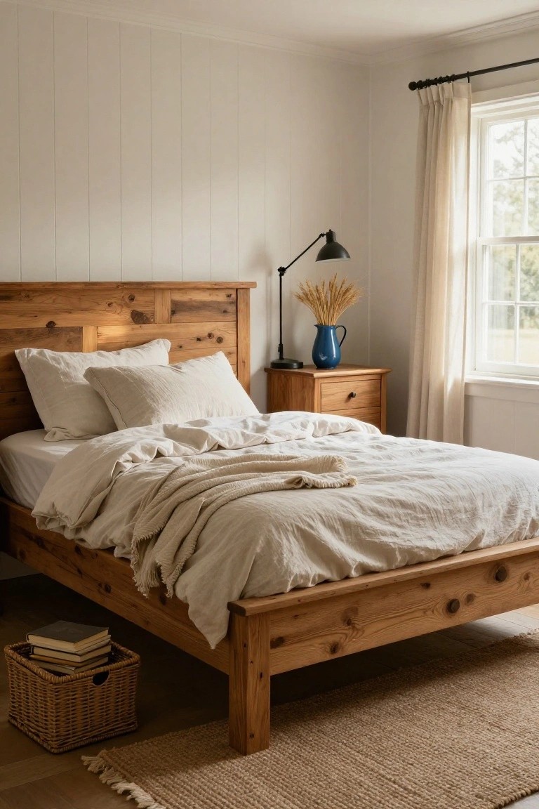 A cozy bedroom with a large wooden bed frame, white linen bedding, wooden nightstand holding a blue vase of wheat stalks, desk lamp, books in a basket, sheer curtains on a window, and a seagrass rug.