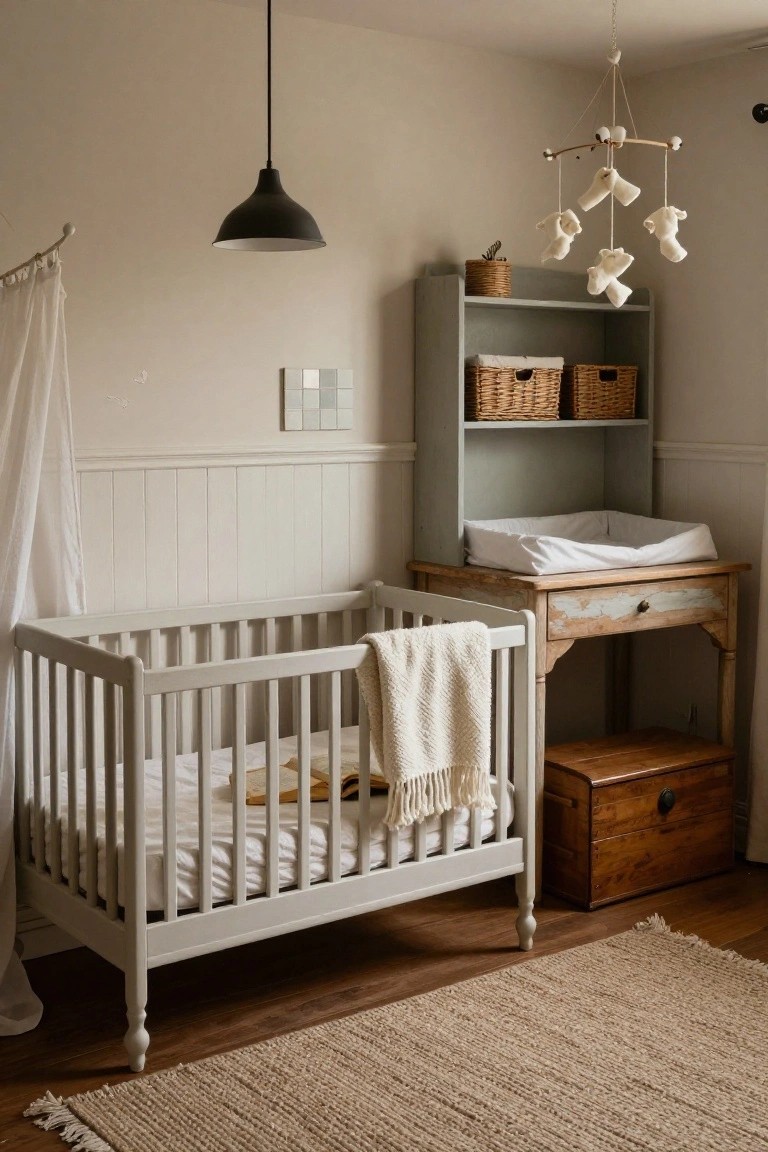 Nursery room featuring a white wooden crib with sheer canopy and wool blanket, next to a distressed wooden changing table topped with a pad, green shelving unit with wicker baskets, and neutral walls with beige rug.