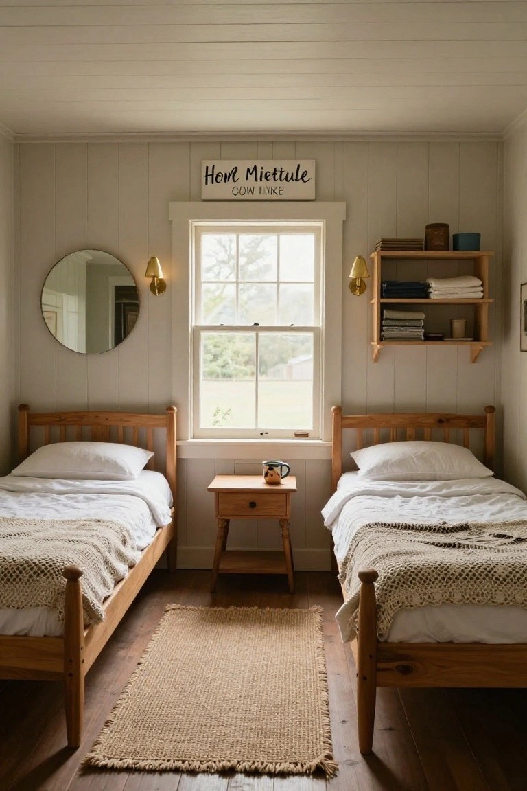 Farmhouse-style bedroom with two wooden twin beds facing each other across a wooden nightstand, white linens and throws, round mirror on wall, shelves, and window with field view.
