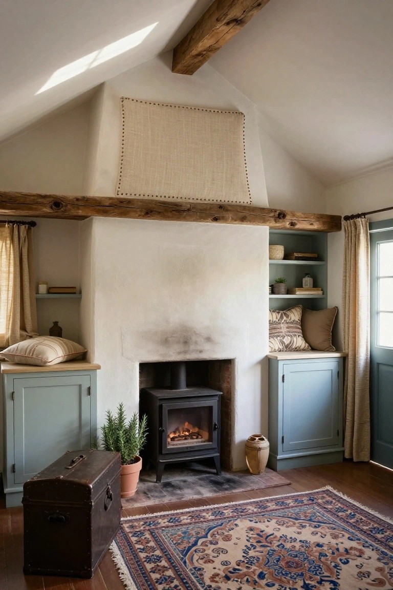 Cozy interior room with whitewashed walls, exposed wooden beams, a lit wood-burning stove in a large fireplace flanked by pale blue built-in cabinets and shelves with books, plants, pillows, and cushions, plus a vintage brown leather trunk on the wooden floor next to potted rosemary plants and a patterned rug.