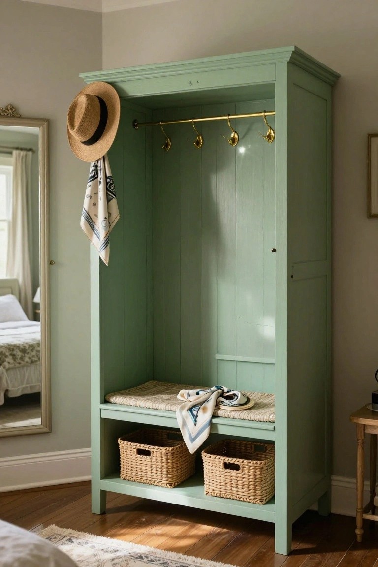 Tall wooden wardrobe painted light green with brass coat hooks inside, a cushioned bench seat, two wicker baskets below, a hanging straw hat and scarf, positioned in a bedroom corner beside a mirror and near a bed.
