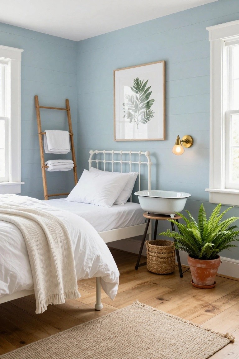 Corner of a light blue shiplap-walled bedroom featuring a white iron bed with white bedding and cream knit throw, wooden ladder rack holding folded white towels, white enamel basin on wood stool next to Boston fern plant, gold wall sconce, leaf art print, wicker basket, seagrass rug, and hardwood floors.