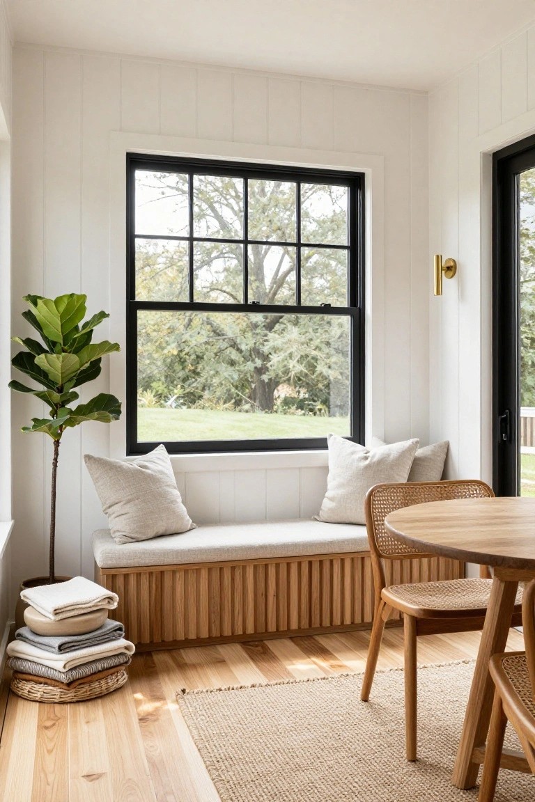 A sunlit interior corner with white shiplap walls, a large black-framed grid window overlooking trees and grass, built-in wooden bench with beige cushions and pillows, potted fiddle leaf fig, stack of folded blankets on a basket, round wooden table with two rattan chairs, hardwood floors, and seagrass rug.
