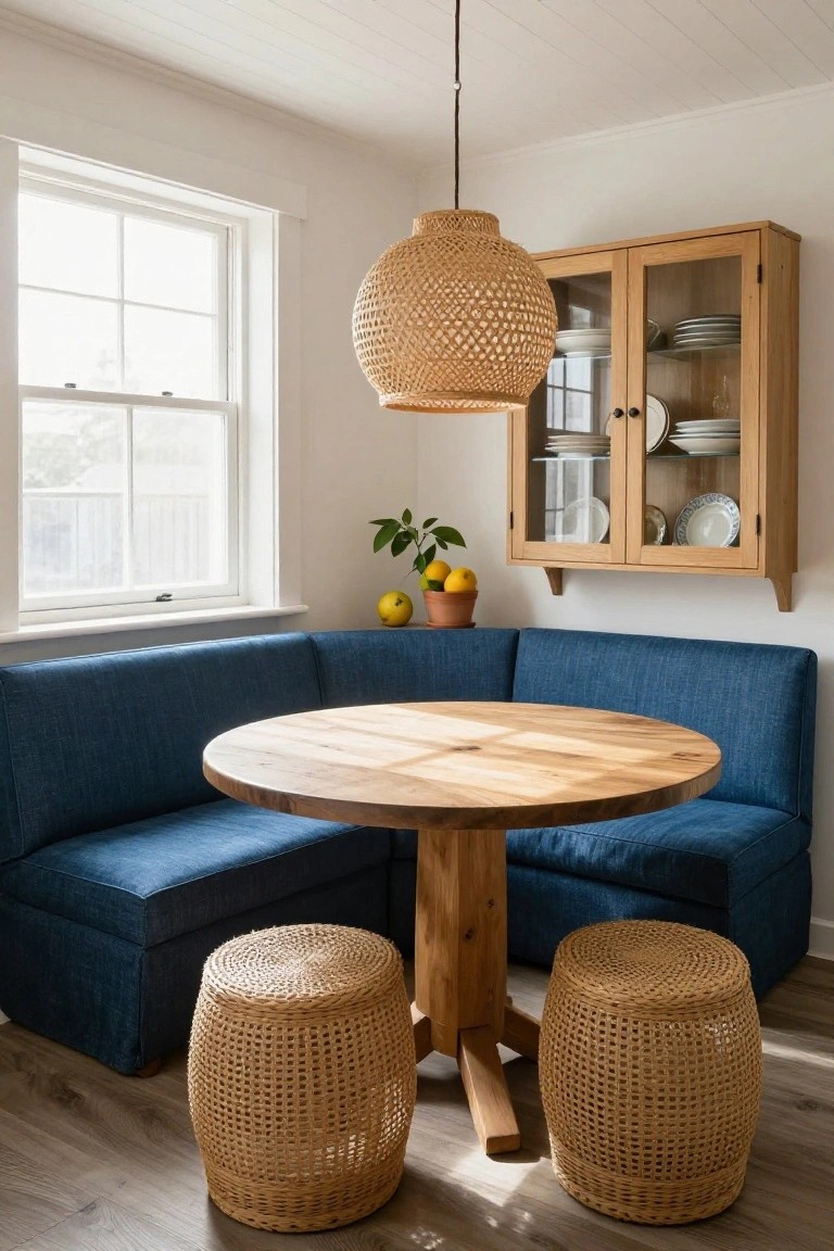 Bright indoor dining nook with blue corner booth seating, round wooden table on pedestal base, two woven rattan stools, rattan pendant light, wooden glass-front cabinet, potted plants, and large window.