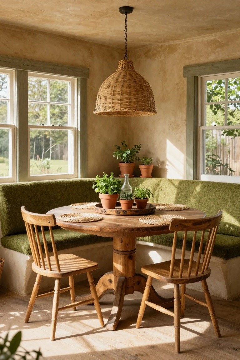 Corner booth with green upholstered seating around a round wooden table and two wooden chairs in a sunlit room with large windows, plants, and a woven pendant lamp.