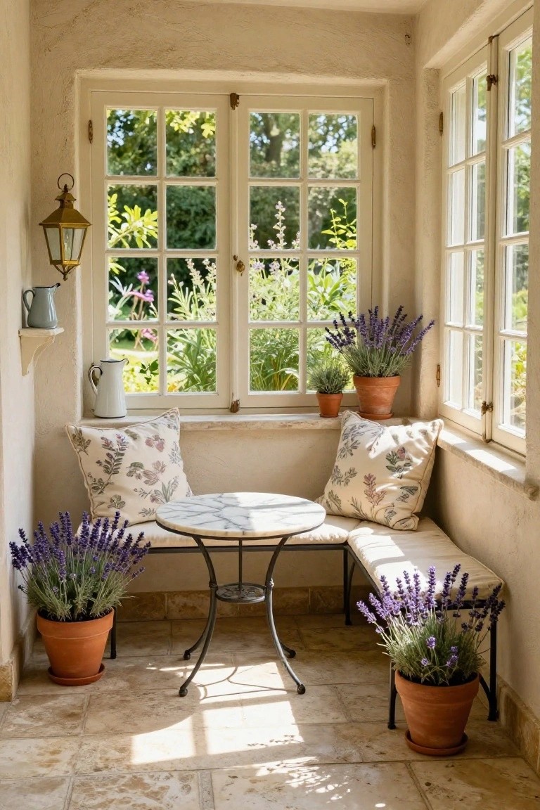 Small sunroom with beige stucco walls and terracotta tile floor, featuring a cushioned bench along large multi-pane windows overlooking a lush garden, a round white marble-top table on iron base, and several terracotta pots of lavender plants.