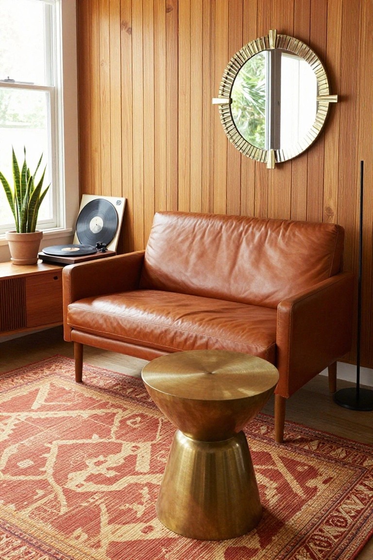 Wood-paneled sunroom interior with tan leather loveseat, brass drum side table on red patterned rug, wood credenza holding record player, potted snake plant, gold sunburst mirror, and black floor lamp next to window.