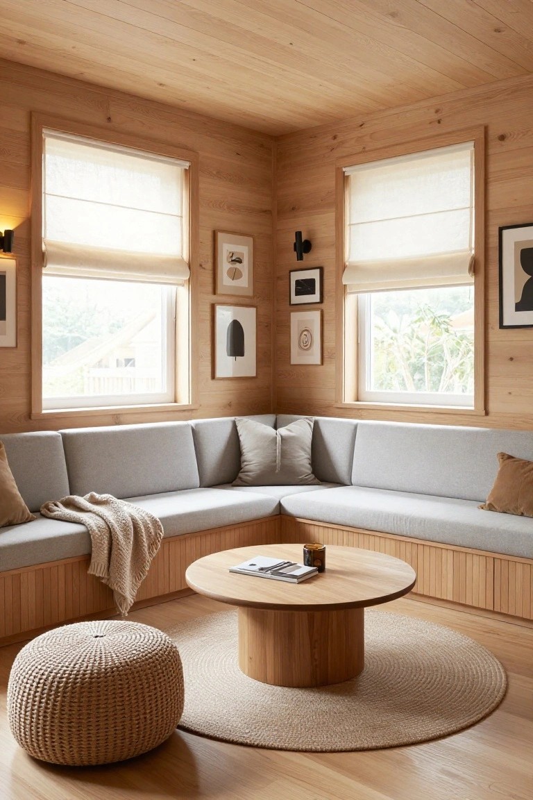 Light wood paneled corner room with built-in L-shaped gray bench seating, round wooden coffee table, woven pouf, sheer roller shades on two windows, and framed artwork on walls.